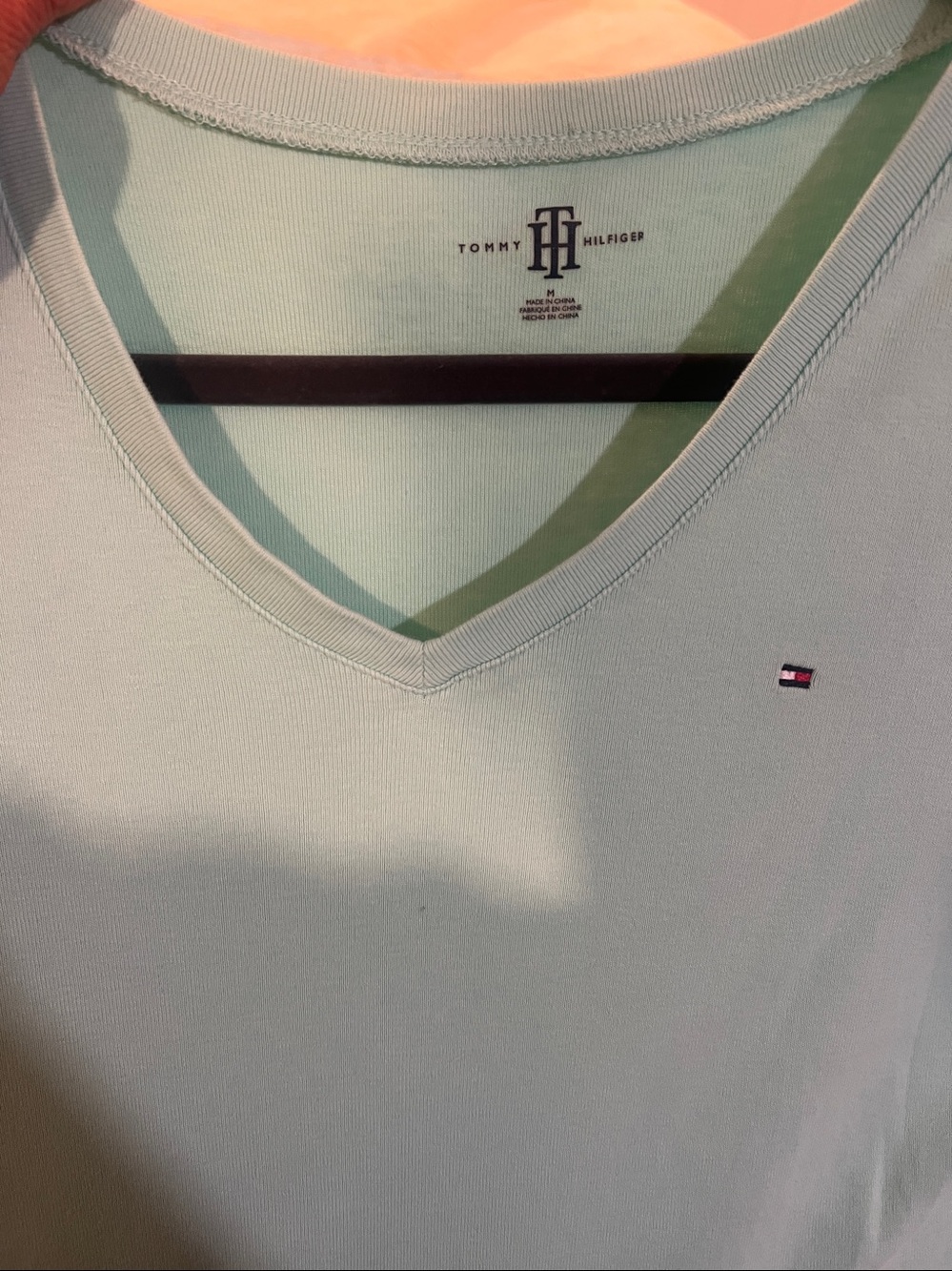 Tommy Hilfiger Light Mint V-Neck Tee with Flag Logo size medium
